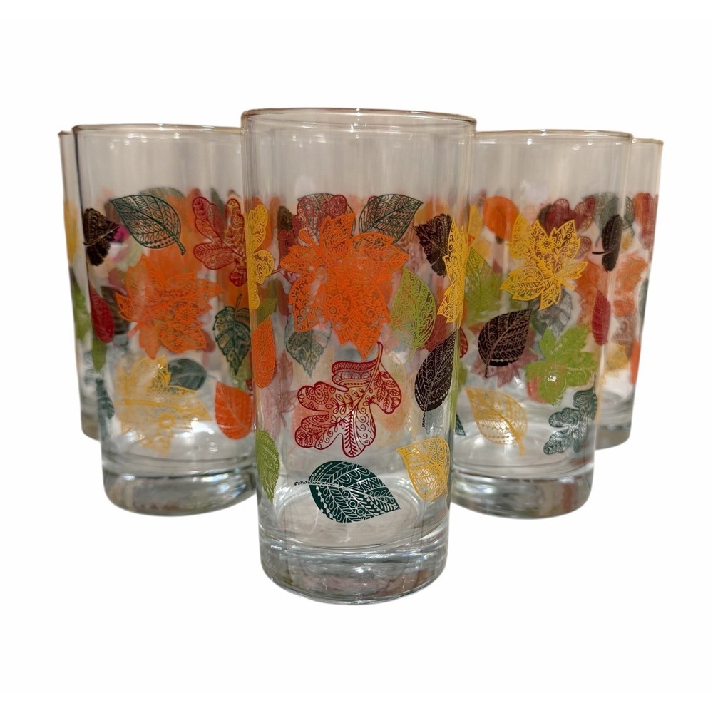 Vtg 70's‎ 80's  Libbey Crissa High Ball Drinking Glass Fall Autumn Leaf Set Of 8